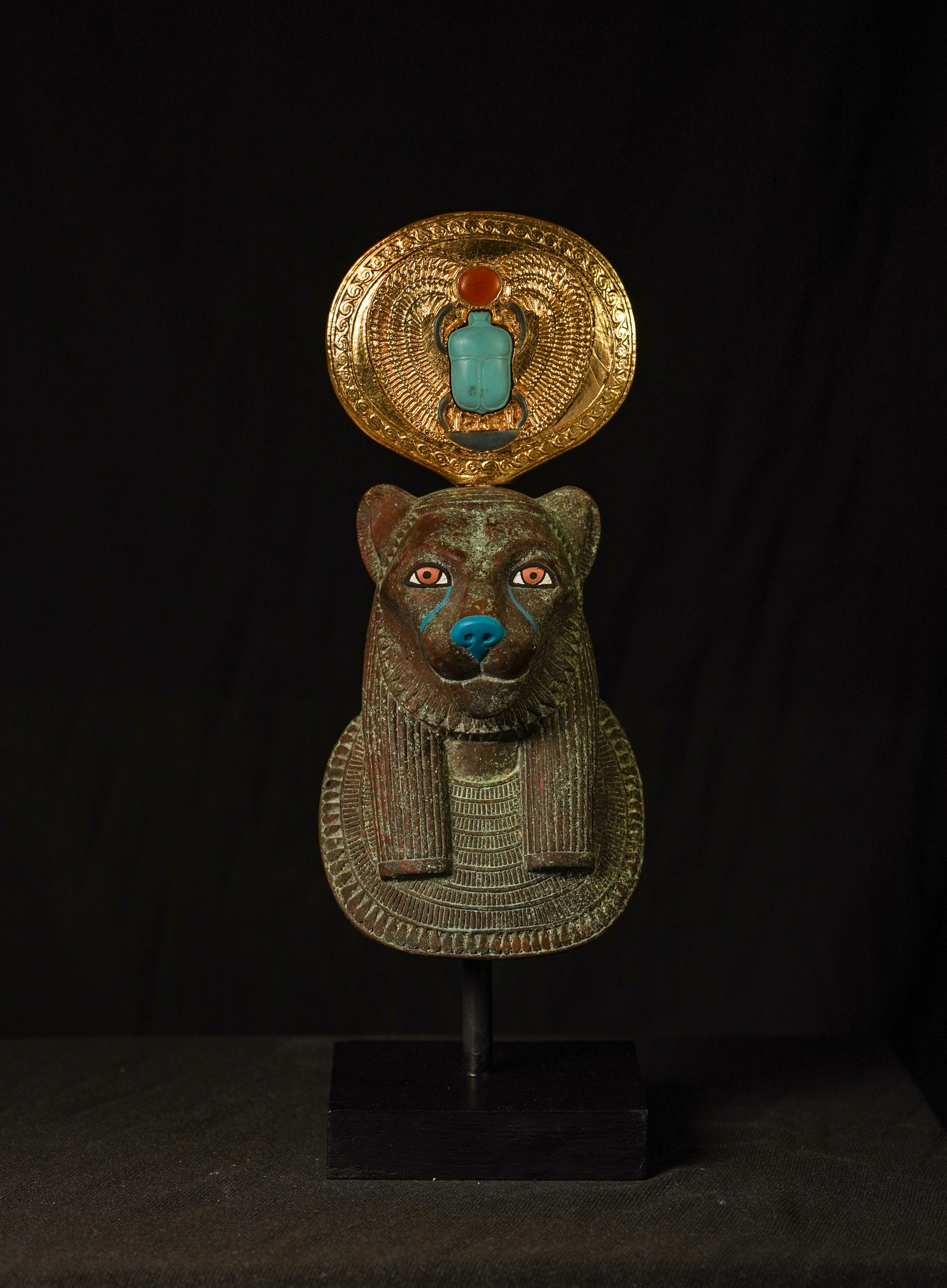 Goddess Sekhmet Museum Mask with Winged Scarab beetle sundial crown